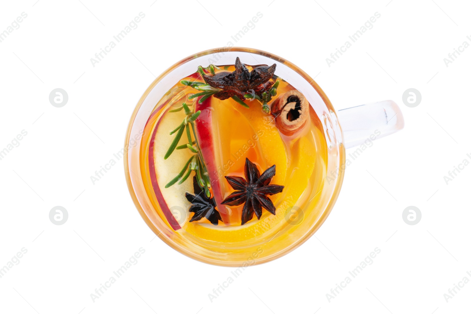 Photo of Aromatic mulled wine isolated on white, top view