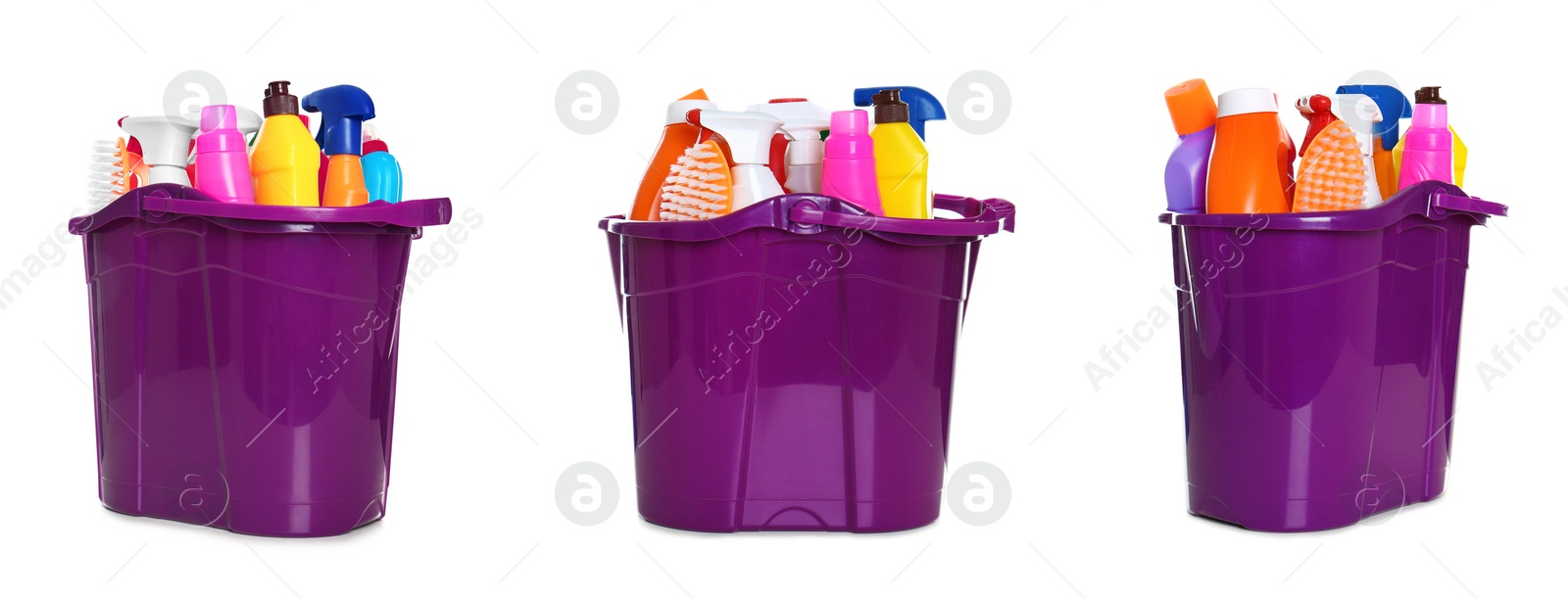 Image of Collage of buckets with cleaning supplies on white background. Banner design