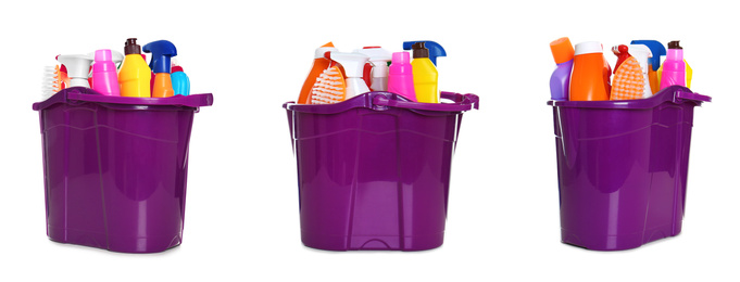 Image of Collage of buckets with cleaning supplies on white background. Banner design