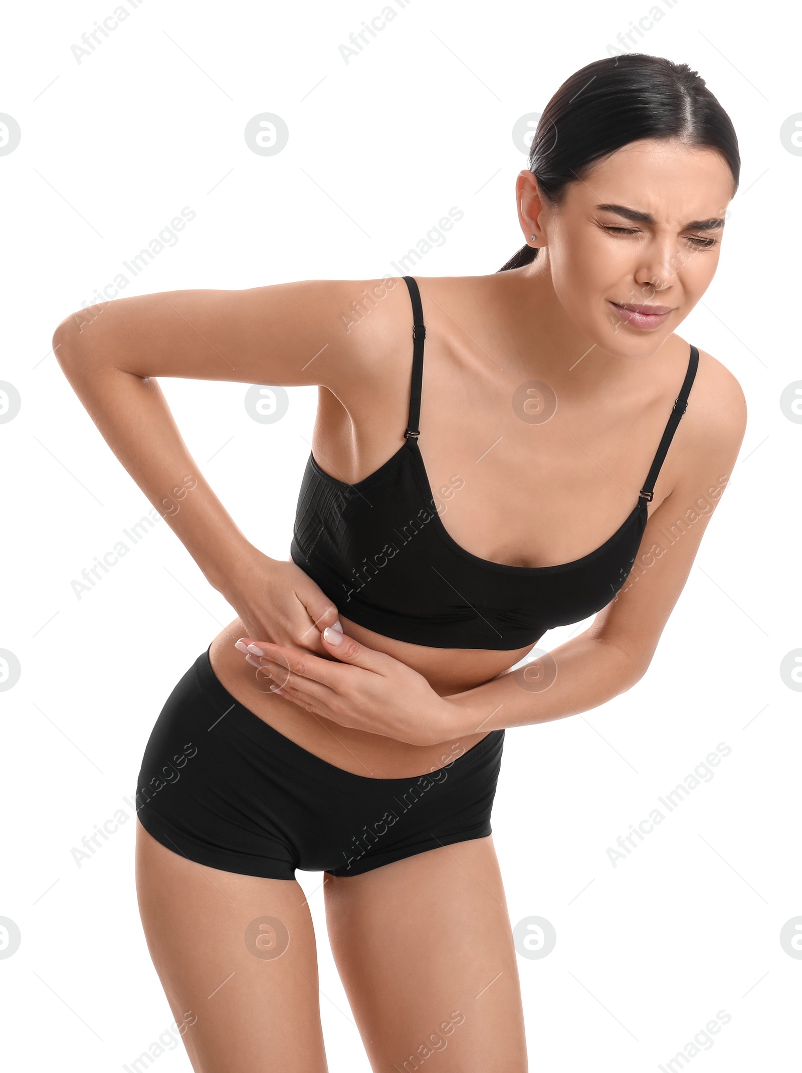 Photo of Woman suffering from liver pain on white background