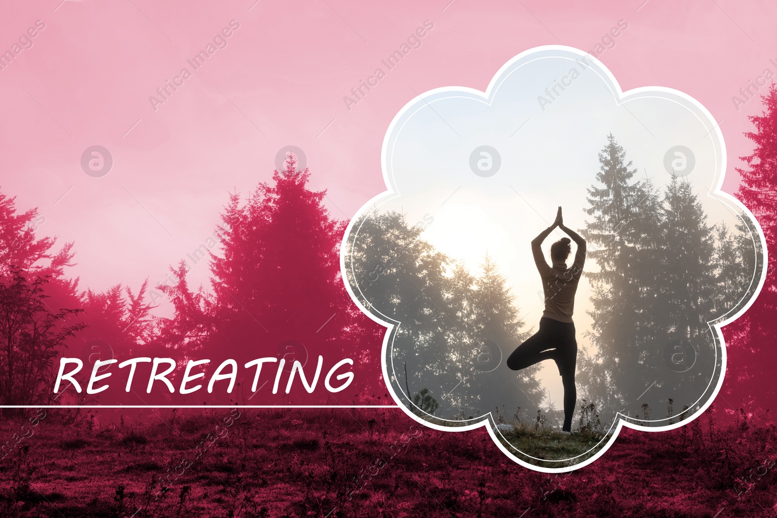 Image of Wellness retreat. Woman practicing yoga near forest, back view. Color tone effect