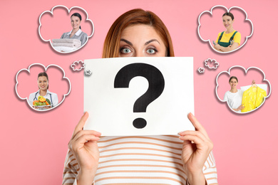 Puzzled woman with question mark sign choosing probable profession on pink background