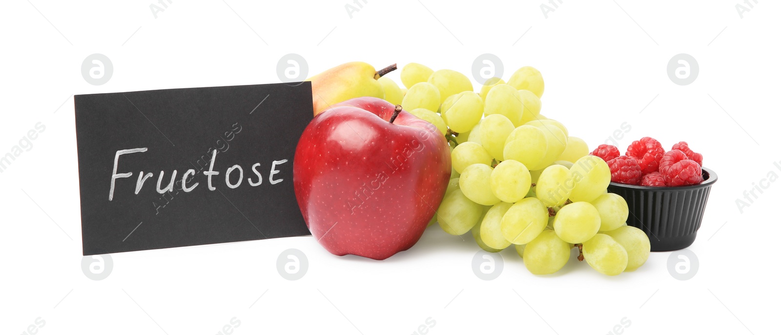 Photo of Card with word Fructose, delicious ripe fruits and raspberries on white background