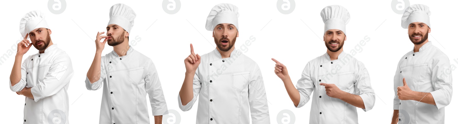 Image of Chef in uniform on white background, set with photos