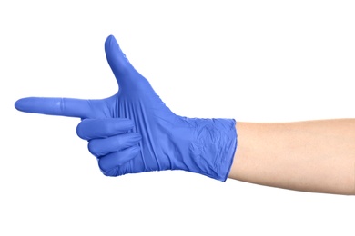 Woman in blue latex gloves pointing at something on white background, closeup of hand