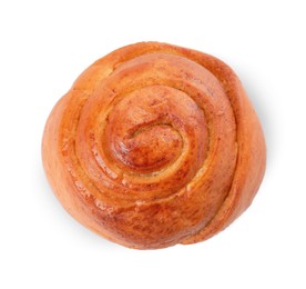 Photo of Freshly baked spiral pastry isolated on white, top view