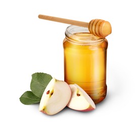 Image of Honey in glass jar, cut apple and dipper isolated on white