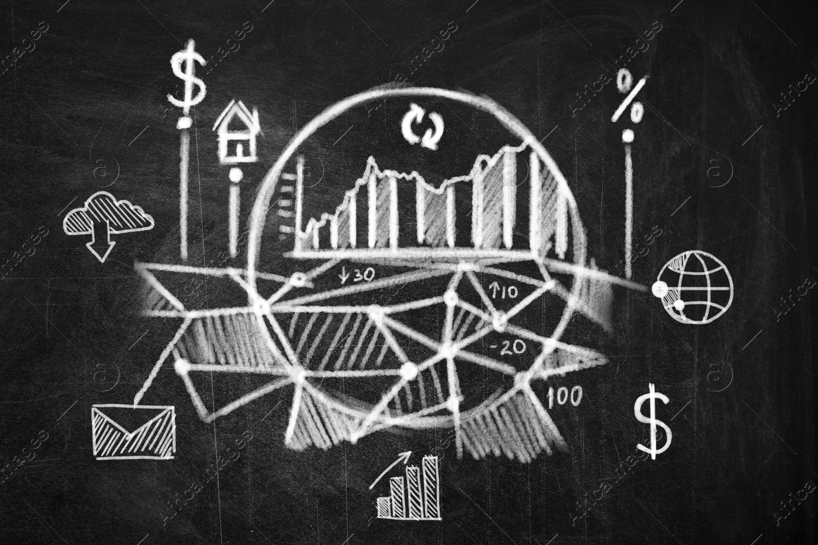 Image of Fintech concept.. Charts with drawings on blackboard