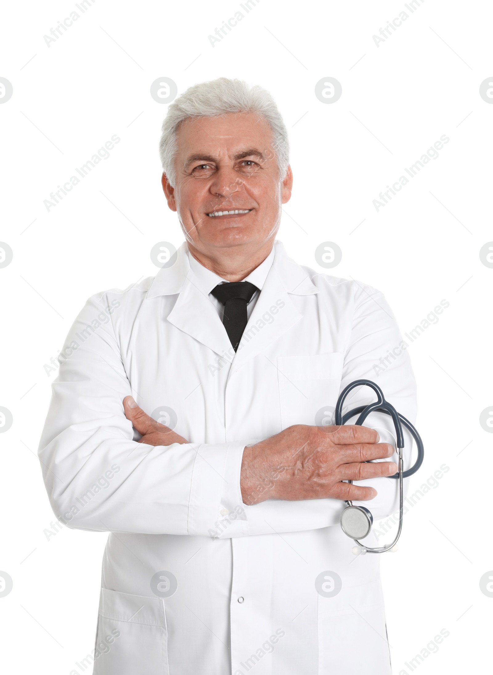 Photo of Portrait of male doctor with stethoscope isolated on white. Medical staff