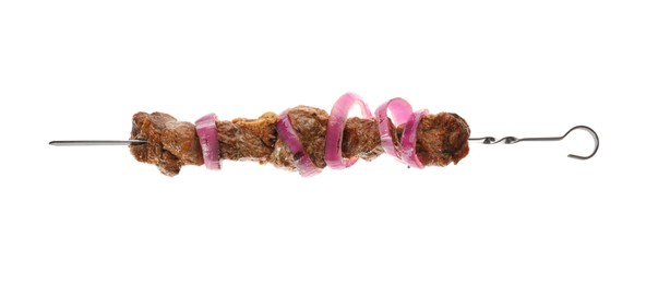 Metal skewer with delicious meat and onion on white background, top view