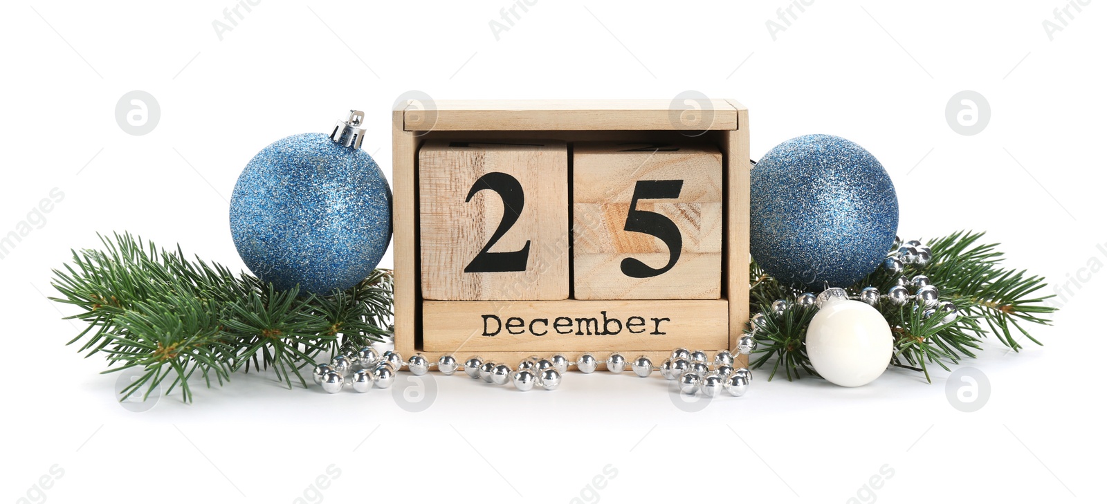 Photo of Wooden block calendar and decor on white background. Christmas countdown