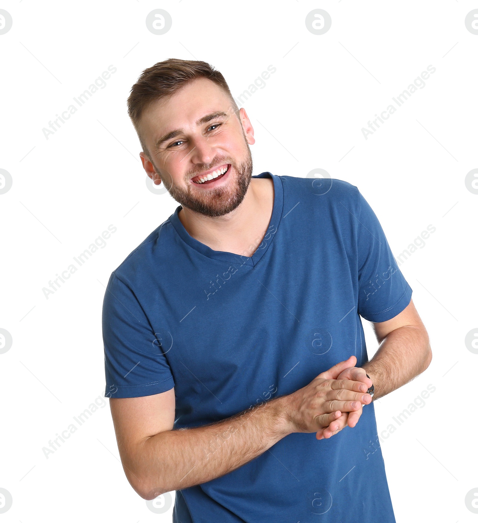 Photo of Portrait of handsome happy man on white background