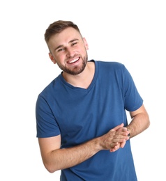 Portrait of handsome happy man on white background