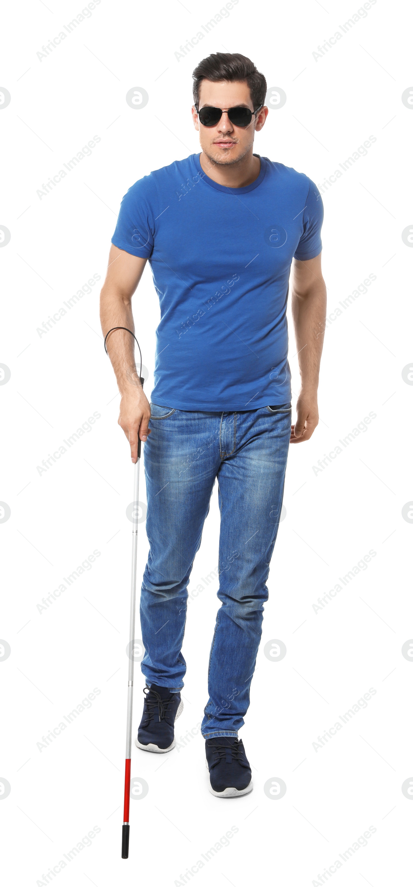 Photo of Blind man with long cane on white background