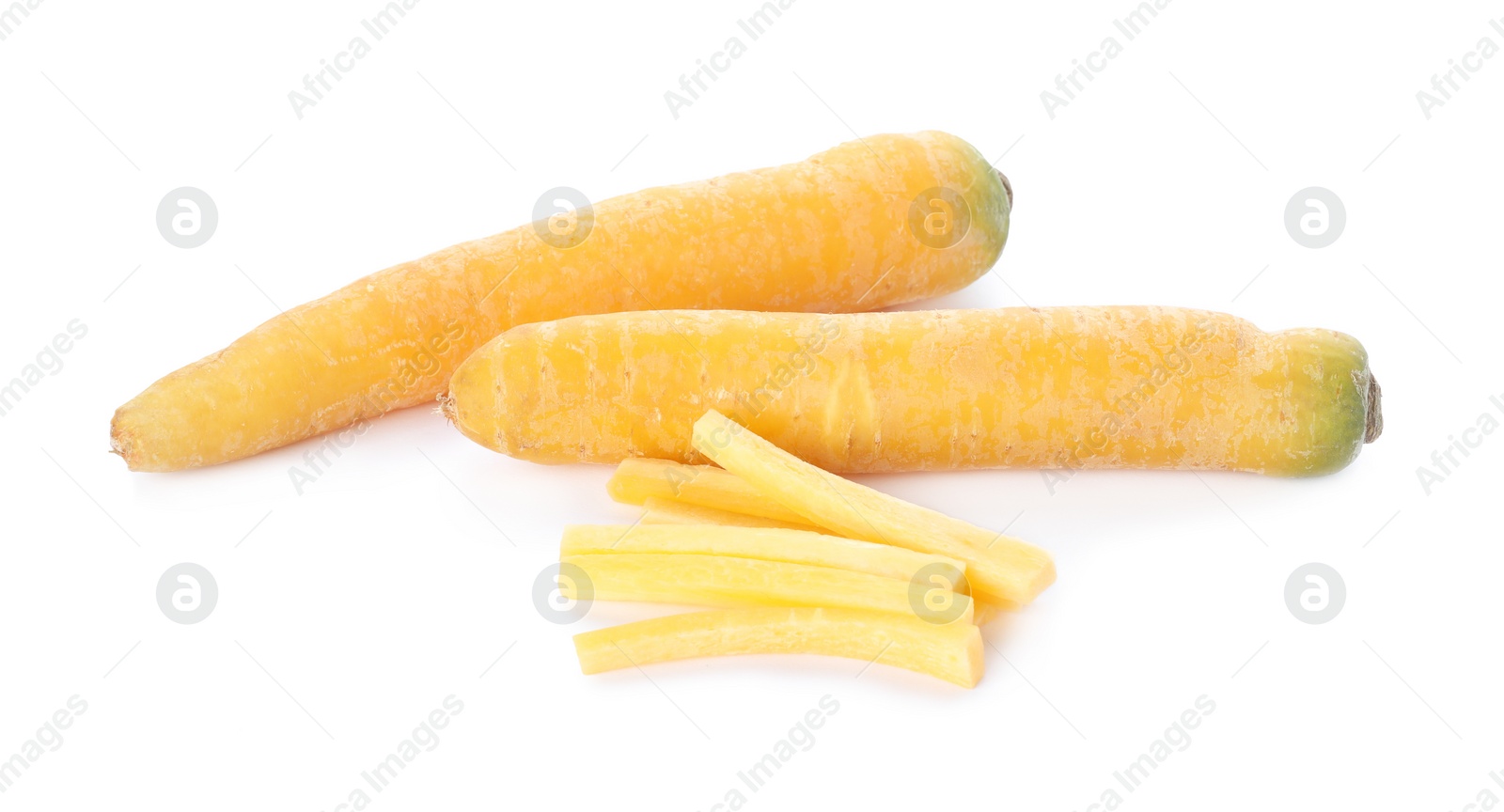 Photo of Fresh raw yellow carrots isolated on white