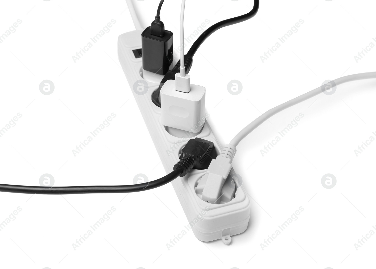 Photo of Extension cord on white background. Electrician's professional equipment