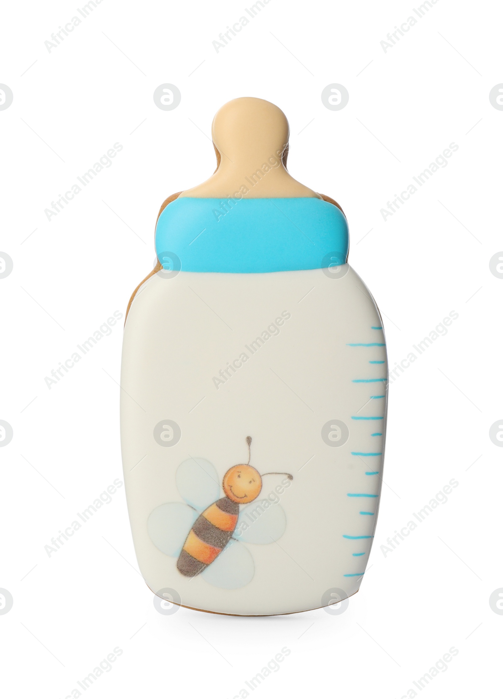 Photo of Tasty cookie in shape of feeding bottle isolated on white. Baby shower party