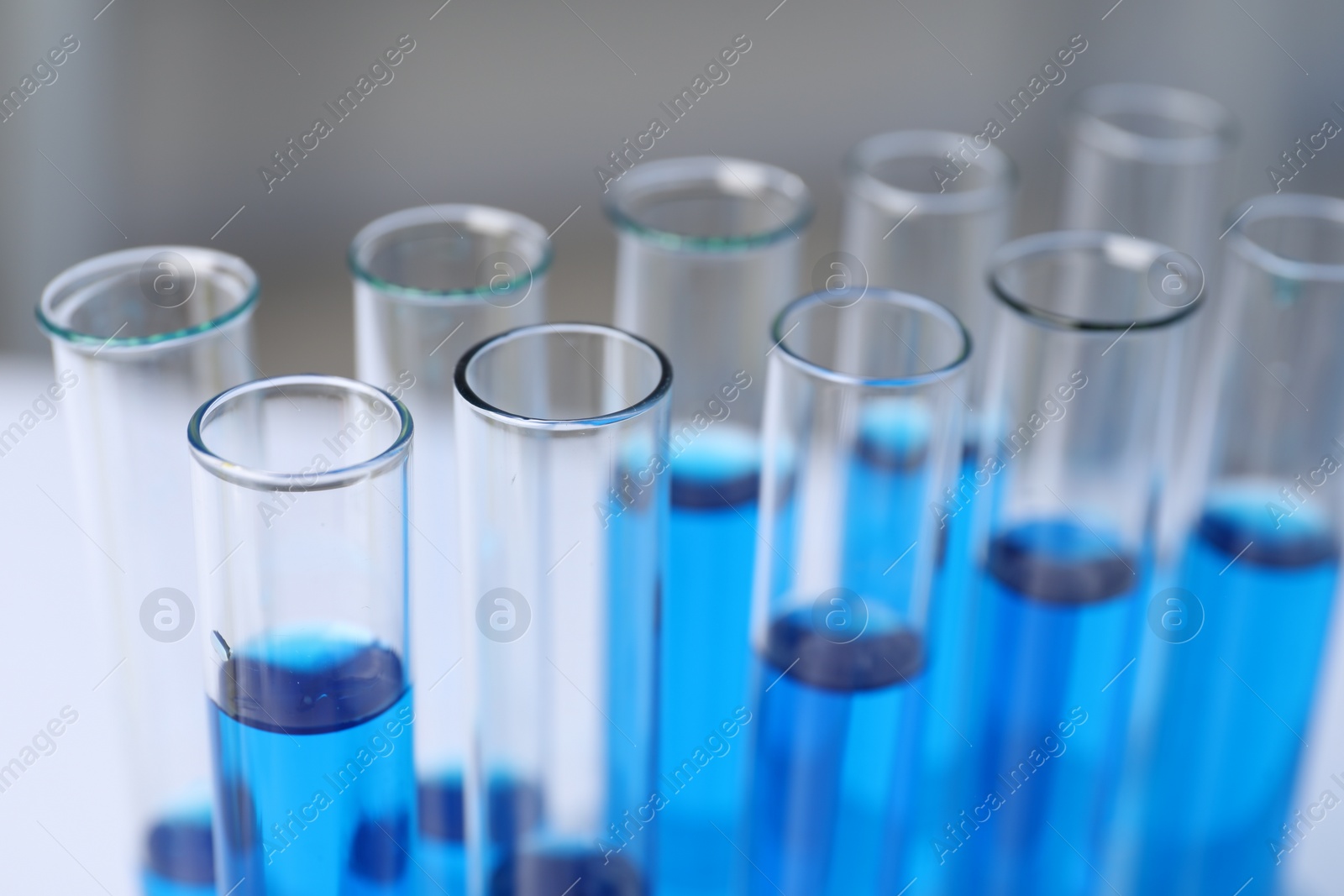 Photo of Laboratory analysis. Test tubes with blue liquid on table, closeup