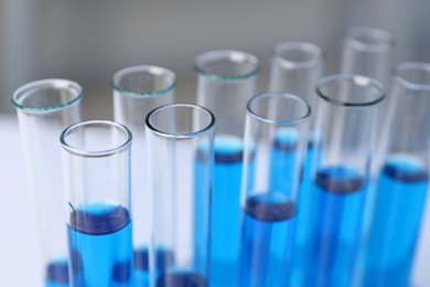 Laboratory analysis. Test tubes with blue liquid on table, closeup