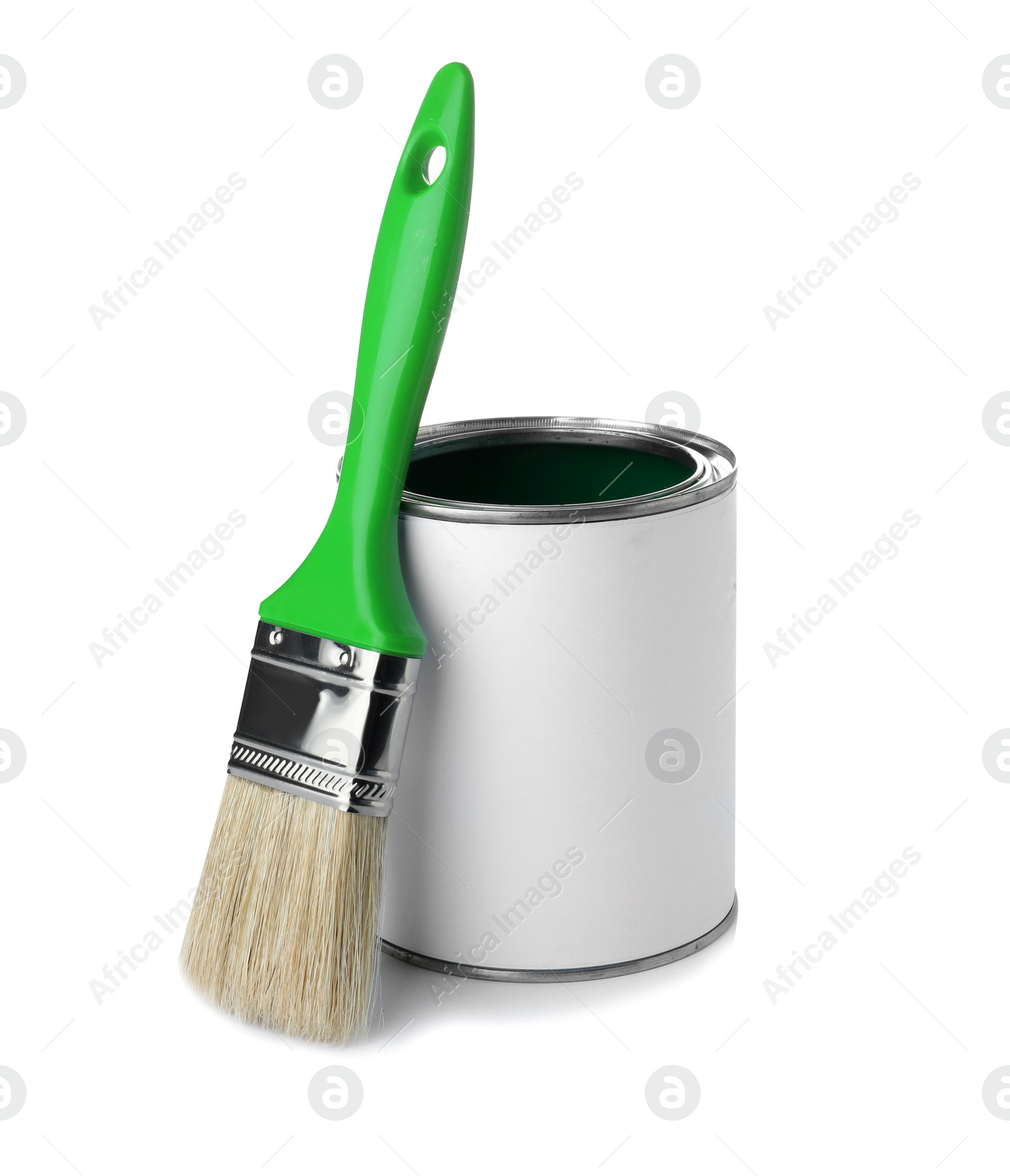 Photo of Paint can and brush on white background