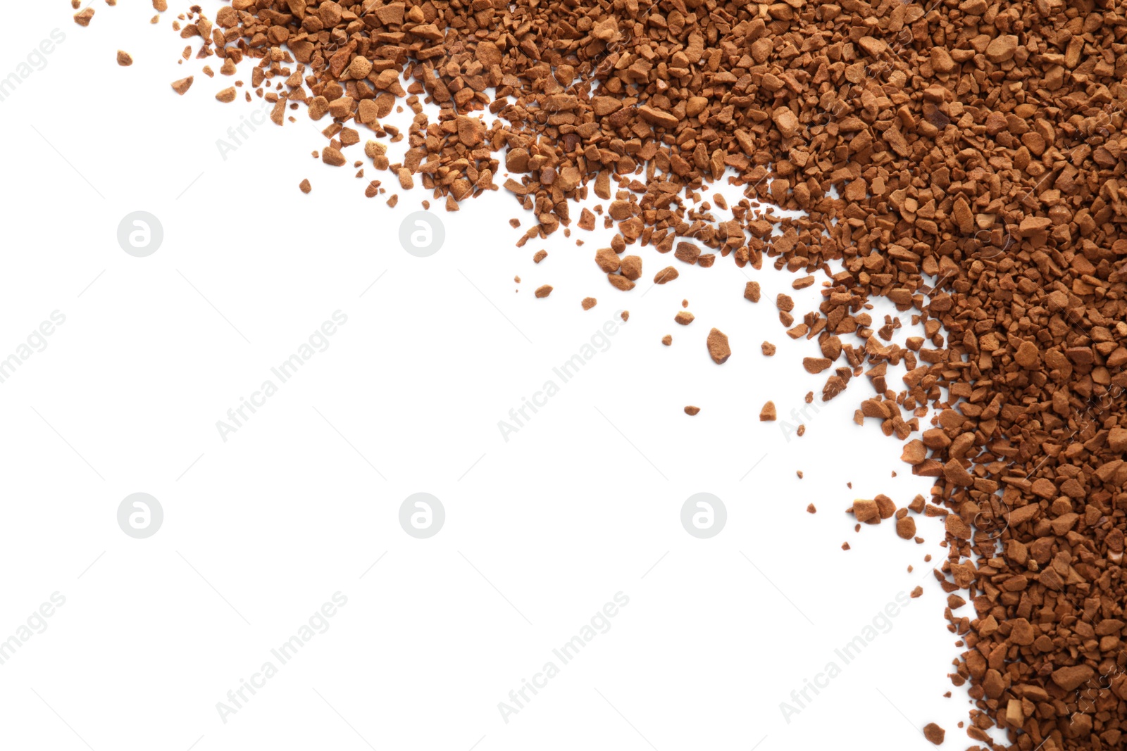 Photo of Heap of aromatic instant coffee isolated on white, top view