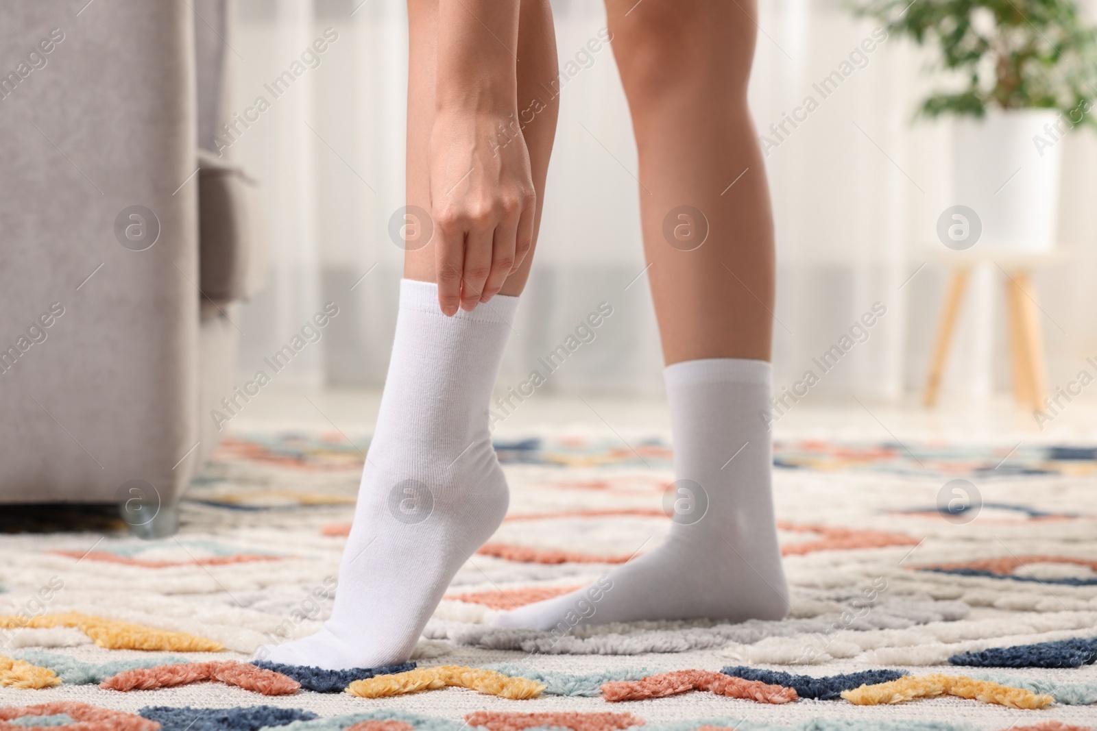 Photo of Woman in stylish white socks indoors, closeup