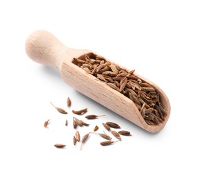 Photo of Scoop of aromatic caraway (Persian cumin) seeds isolated on white