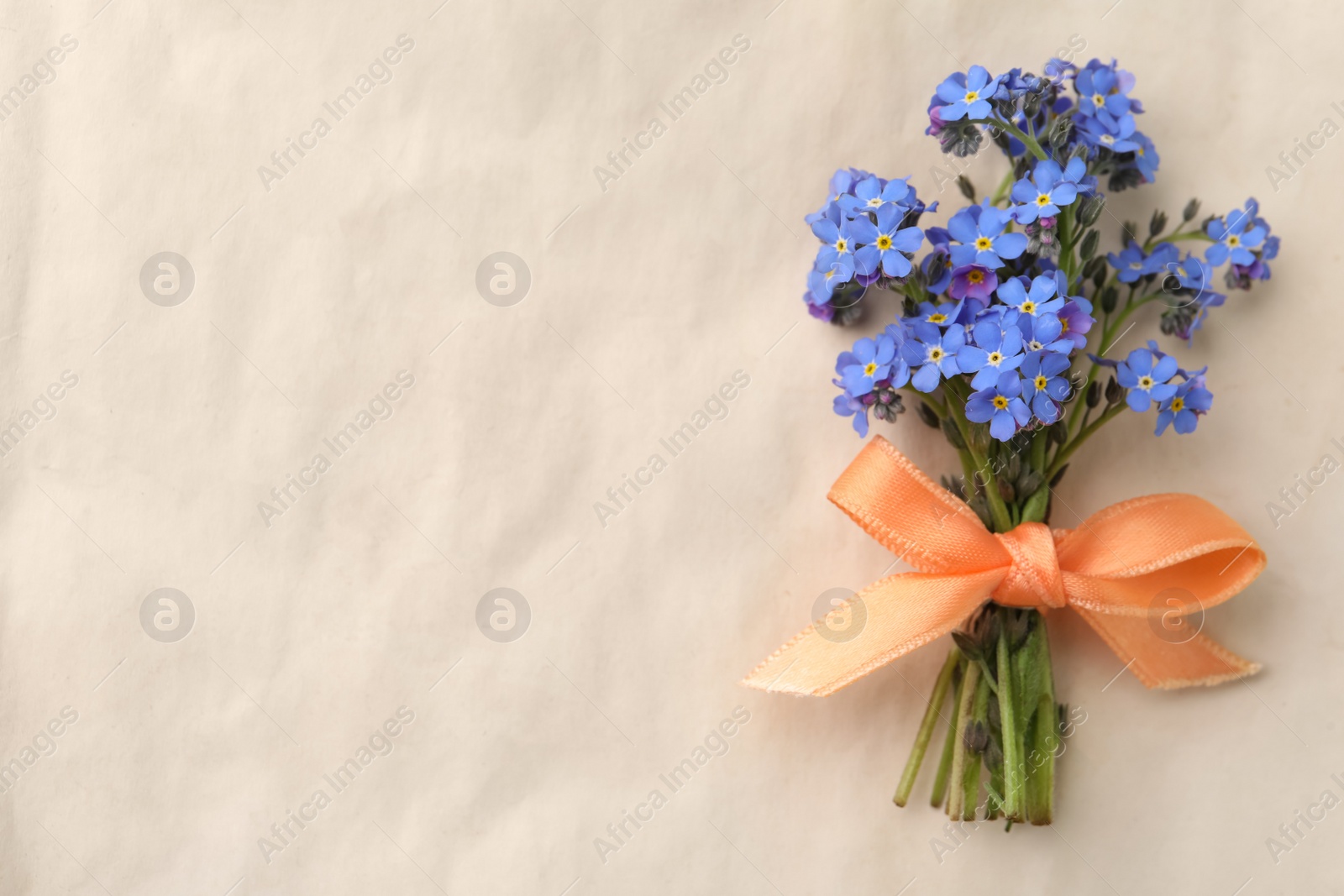 Photo of Beautiful blue forget-me-not flowers tied with ribbon on light background, top view. Space for text