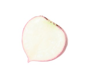 Photo of Half of cut fresh ripe turnip on white background