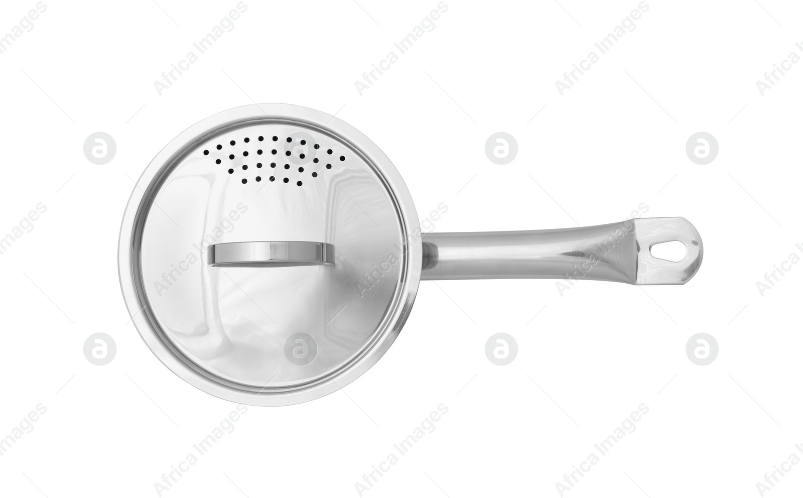 Photo of One steel saucepan with strainer lid isolated on white, top view