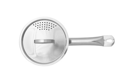 One steel saucepan with strainer lid isolated on white, top view