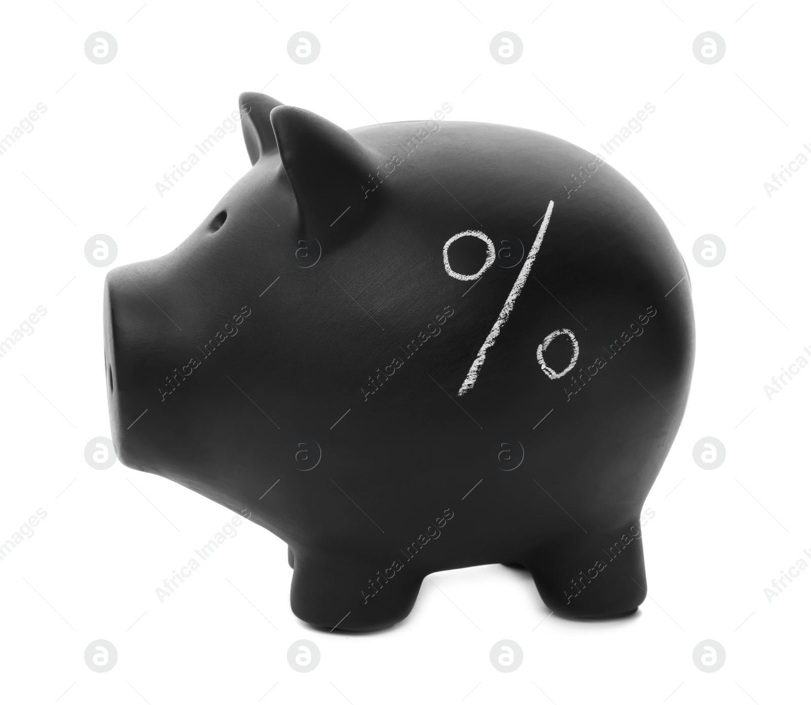 Photo of Black piggy bank with percent sign on white background