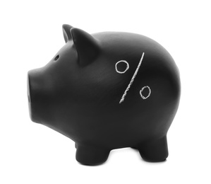 Photo of Black piggy bank with percent sign on white background