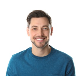 Smiling man with perfect teeth on white background