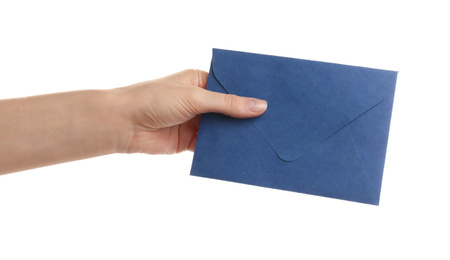 Photo of Woman holding blue paper envelope on white background, closeup