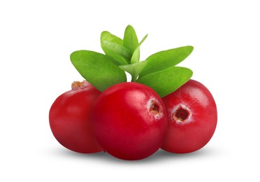 Image of Fresh ripe cranberries with leaves isolated on white