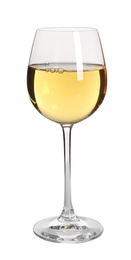 Photo of Glass of delicious expensive wine on white background