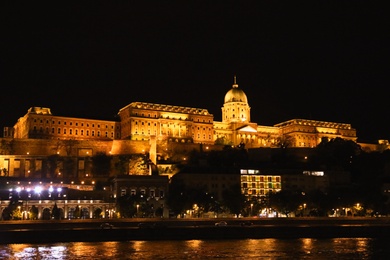 BUDAPEST, HUNGARY - APRIL 27, 2019: Beautiful night cityscape with illuminated Buda Castle