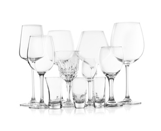 Photo of Set of new bar glassware on white background