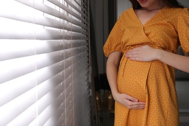 Photo of Young pregnant woman near window at home, closeup. Space for text