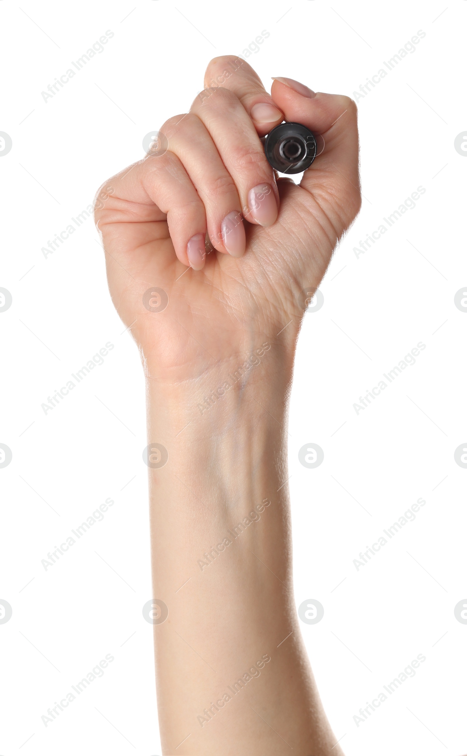 Photo of Woman holding black marker on white background, closeup