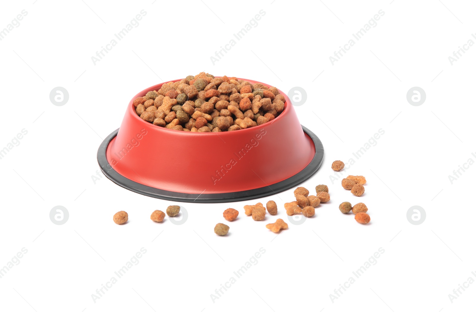 Photo of Dry pet food in feeding bowl isolated on white