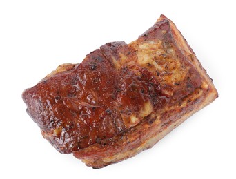 Photo of Piece of tasty baked pork belly isolated on white, top view