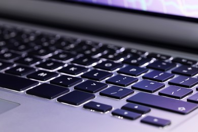 Closeup view of modern laptop keyboard as background