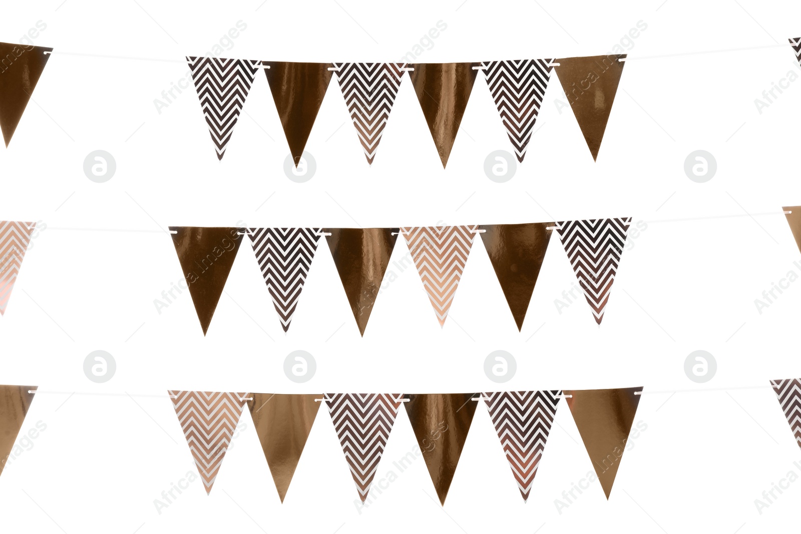 Photo of Rows of triangular bunting flags on white background. Festive decor