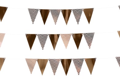 Rows of triangular bunting flags on white background. Festive decor