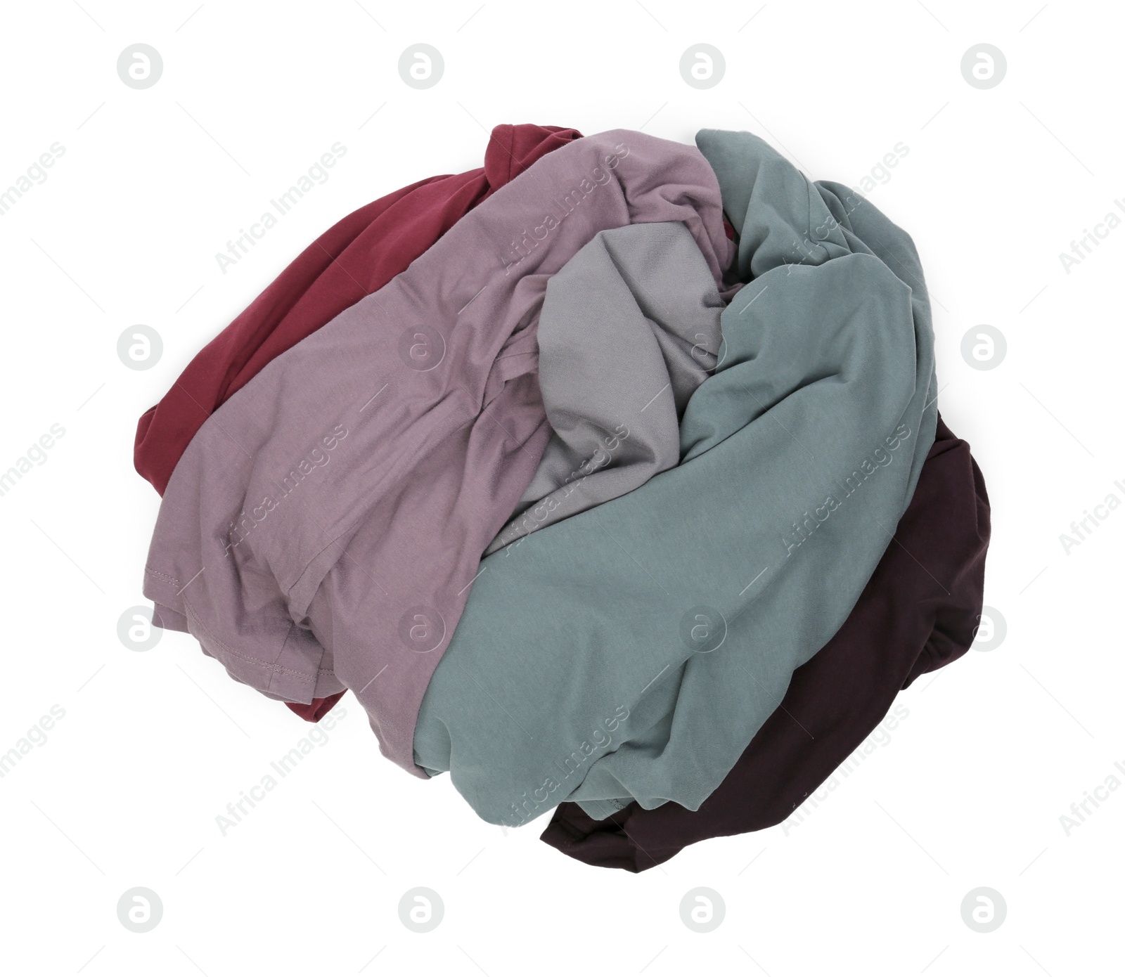 Photo of Pile of clothes isolated on white, top view