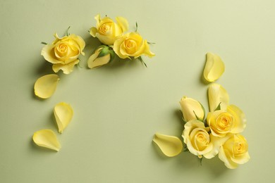Beautiful yellow roses and petals on light olive background, flat lay