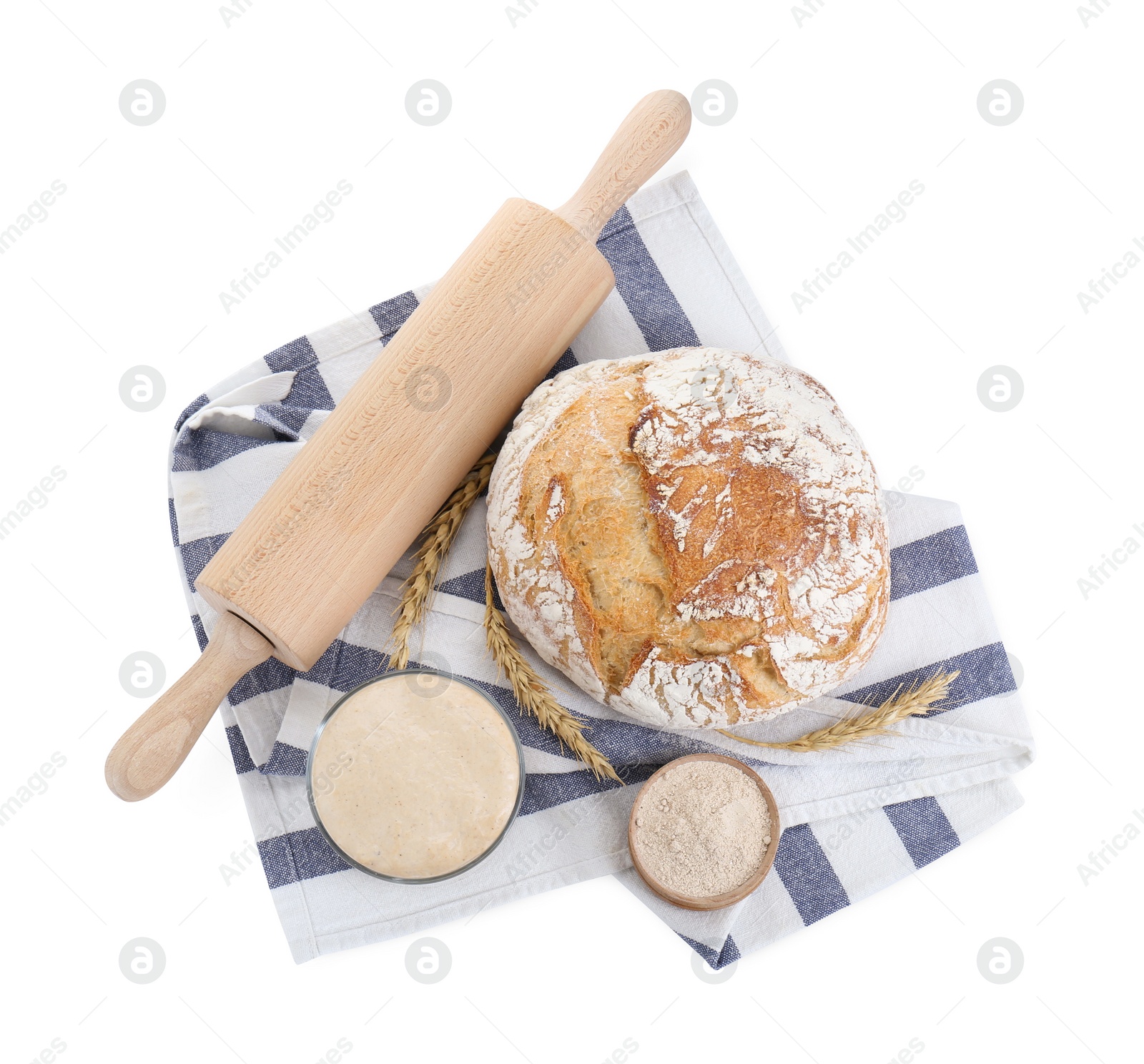 Photo of Freshly baked bread, sourdough and spikes on white background, top view