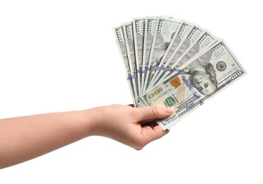 Money exchange. Woman holding dollar banknotes on white background, closeup